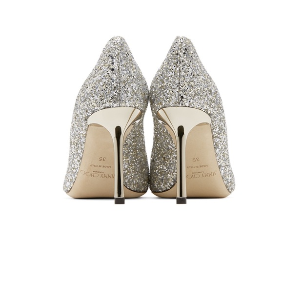 Jimmy Choi Authentic Silver Coarse Glitter Romy 85 Heels - Picture 2 of 9